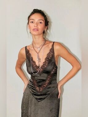 Free People Deep Brown Lace V-Neck Slip Dress